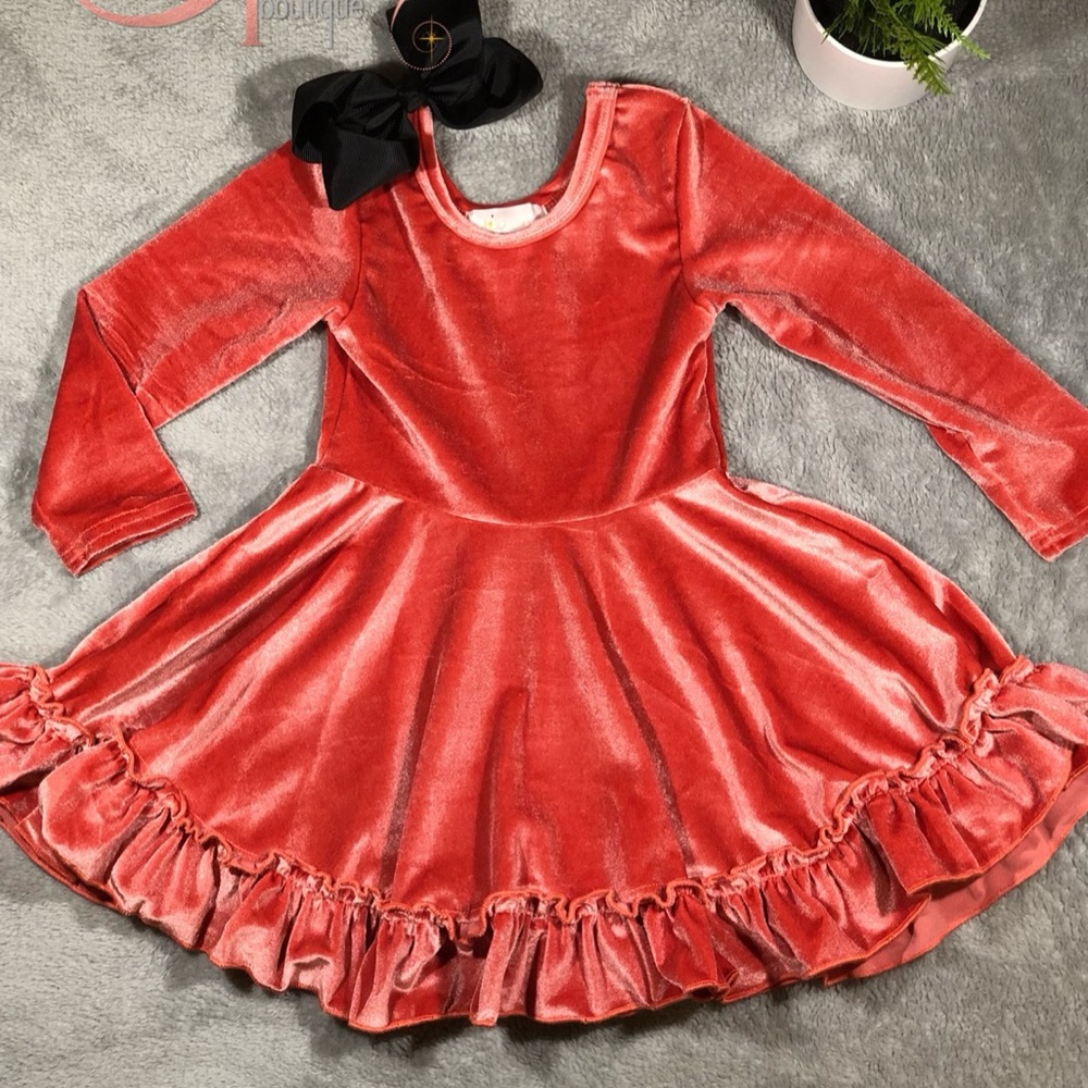 Salmon velvet long sleeve ruffle dress.